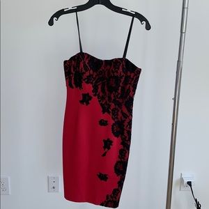 Aidan mattox red dress with black lace details